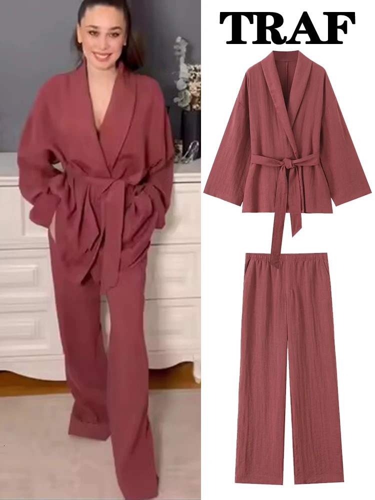 TRAF Women 2 Pieces Sets With Belt Kimono Style Coat Top Elastic Waist Long Pants Womens Suit Casual Outfit 250730