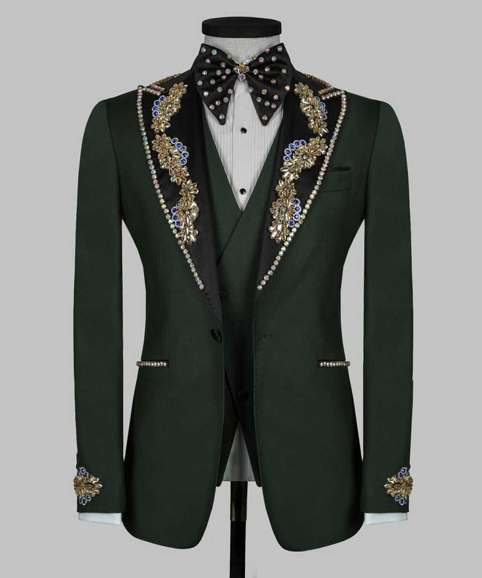 Glitter Sequins Mens Tuxedos Unique Peaked Lapel Crystal Beading Groom Party Birthday Formal Wear 3 Pieces With Black Pants Customized