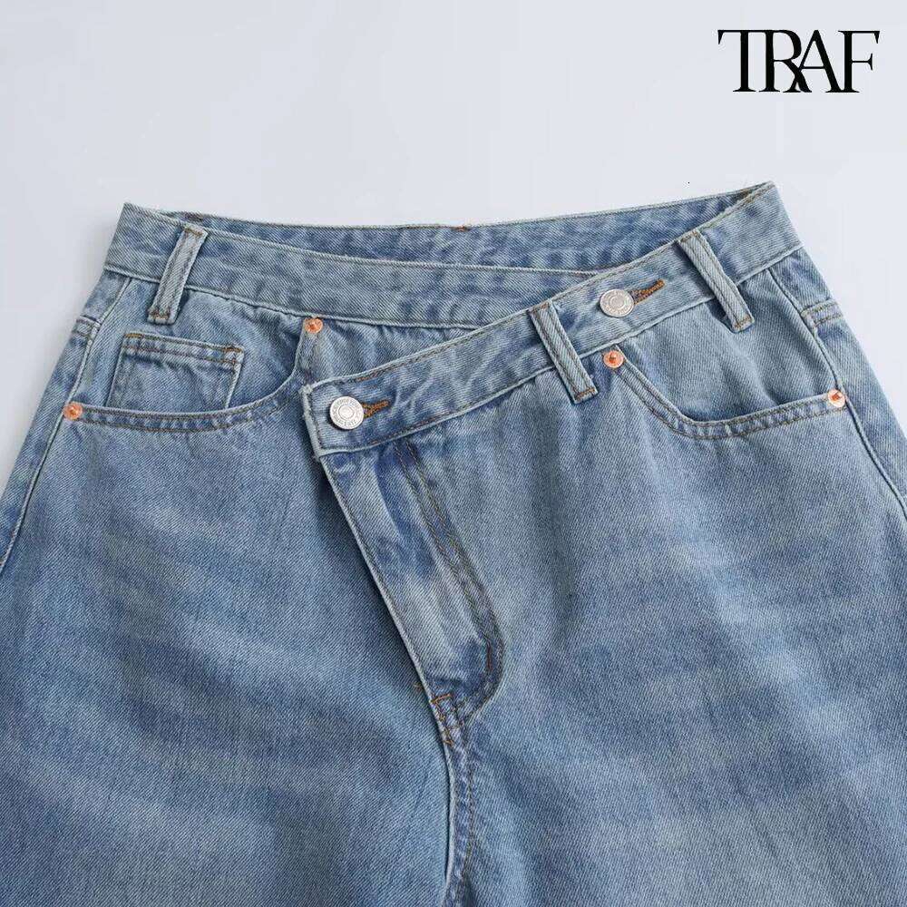 TRAF New European And American Style High-Waisted Jeans Pockets Decorated Trousers Temperament Elegant Women's Clothing MDNG