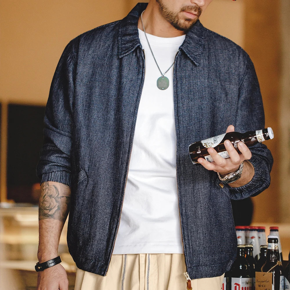 Maden Vintage Denim Jacket Loose Fit Lapel Zipper for Mens Spring and Autumn Fashion Short Blue Versatile Coats 250730