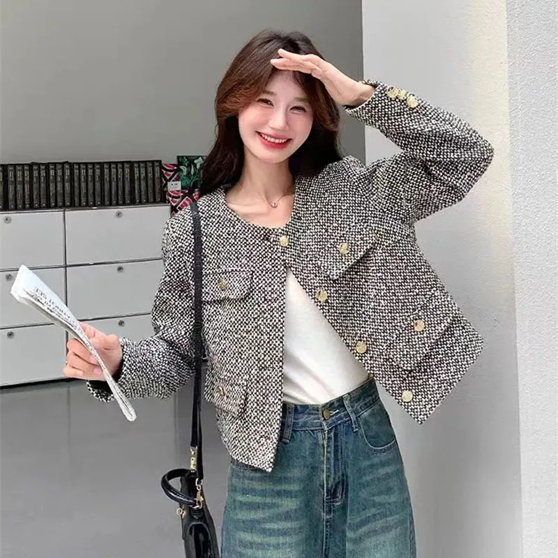 Winter Vintage Tweed Jacket Small Cardigan Female Korean Short Fragrance Joint Elegant Woolen Coat 250730