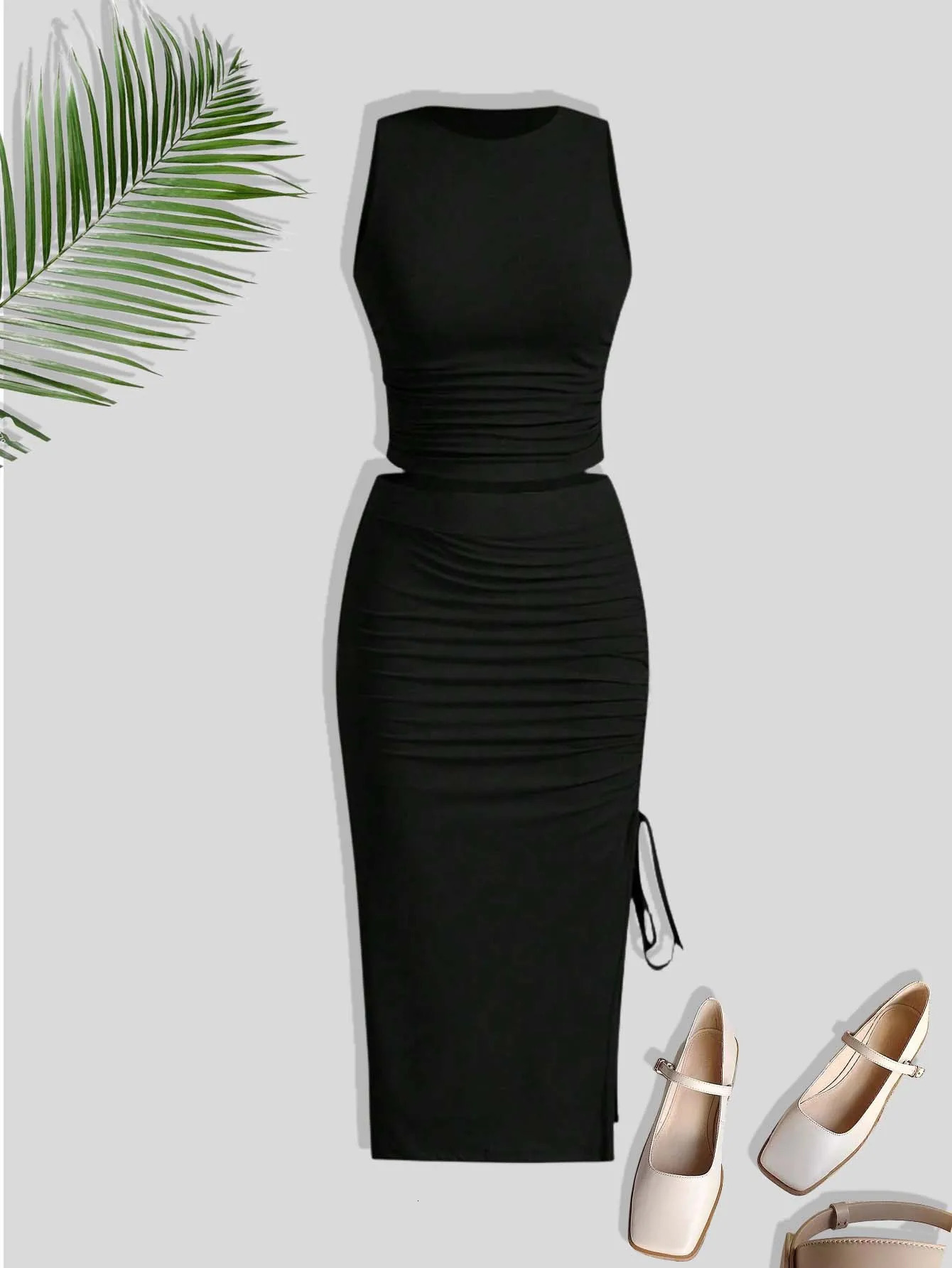 Summer Fashion Womens Casual Solid Color Sleeveless Vest Top Drawstring Skirt 250729