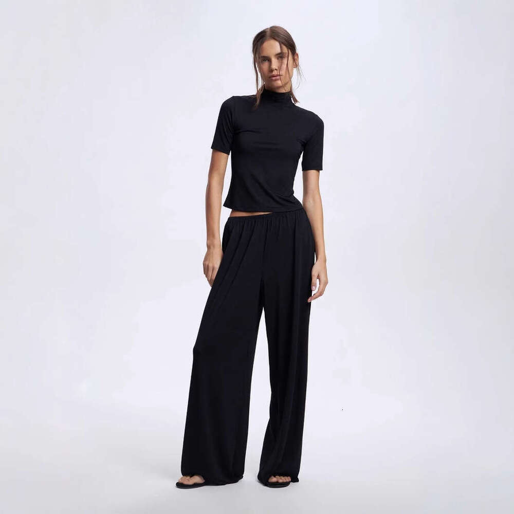 Spring Summer New Modal Suit For Women Soft Comfortable Round Neck Short Sleeve Top + Cuffed Pants B5