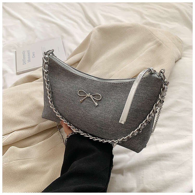 Elegant Bowknot Underarm New Denim Blue Chain Women's Niche Design Single Shoulder Crossbody Bag