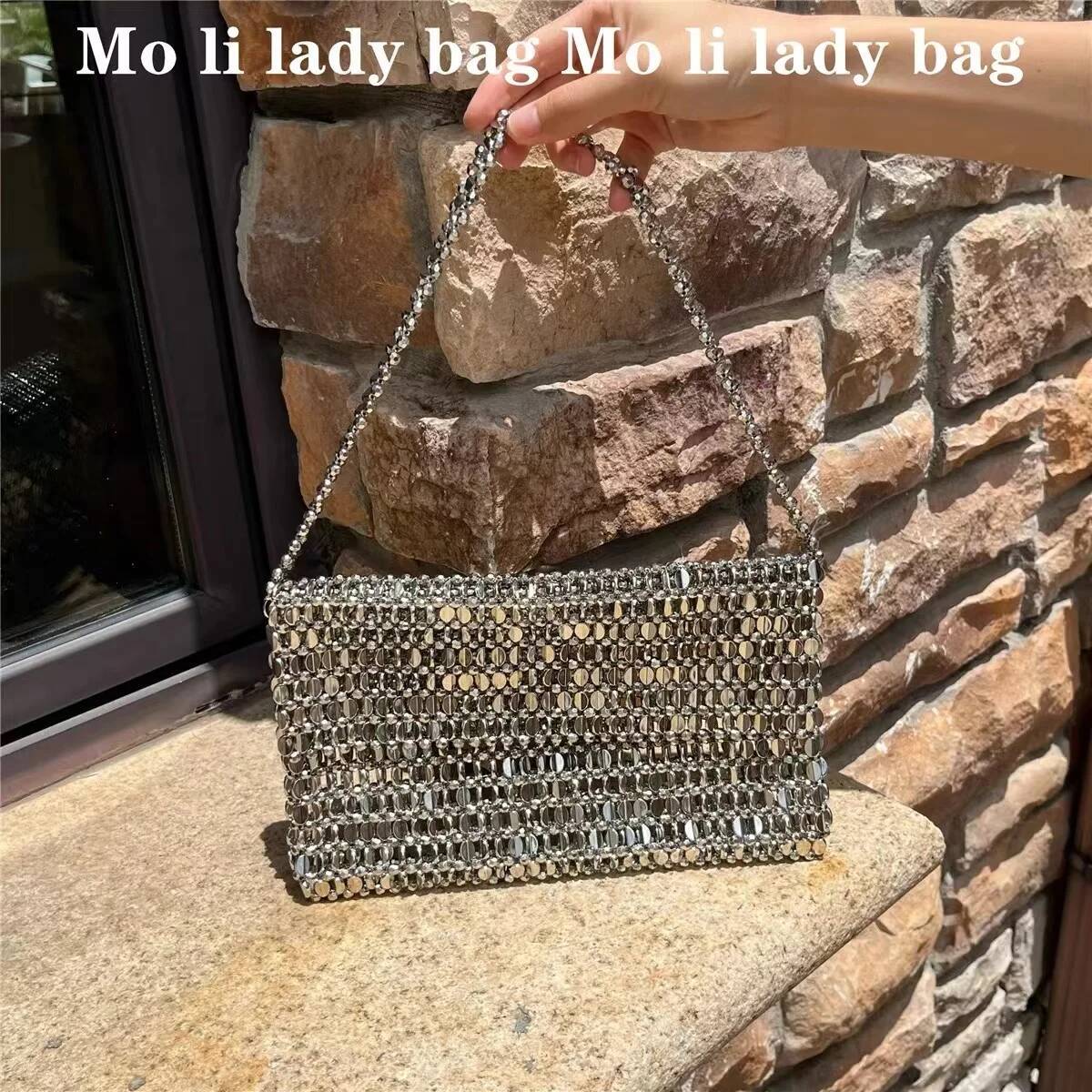 Glitter Shiny Sier Beads Beading Woven Handmade Square Hollow Out Women Fashion Handbag Shoulder Female Casual Bag
