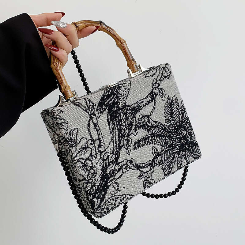 Summer Chinese Style Bamboo Knot Handbag for Women 2024 New Trendy Pearl Chain Crossbody Box Bag