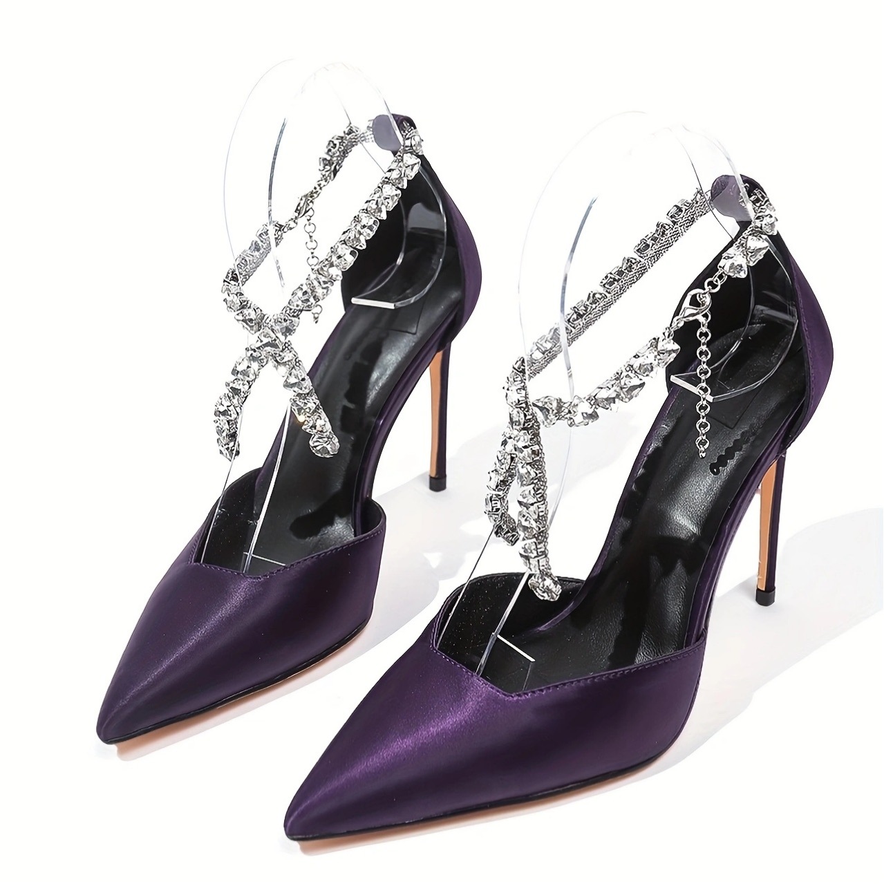 2025 New Women's Purple Satin Crystal Stiletto Sandals - 8cm/10cm Ultra High Heel Pointed Toe Dress Sandals