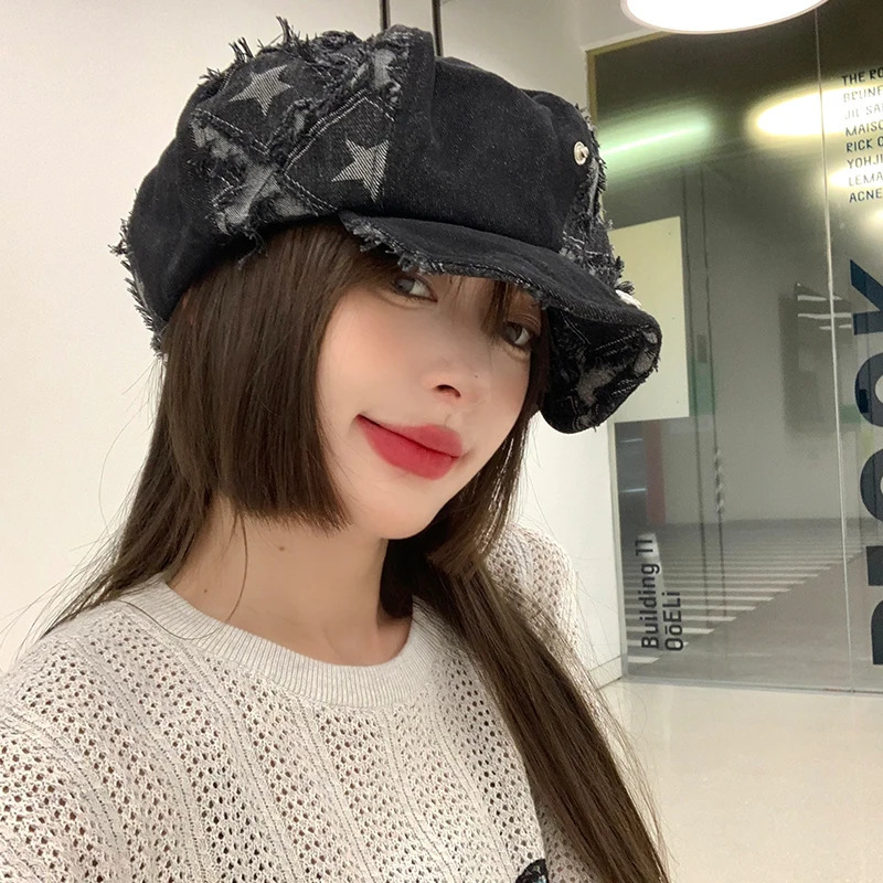 Y2k Rough Edge Star n Denim Berets Caps Showing Face Small Spring and Autumn Ins Korean Niche Retro Womens Hats 250729