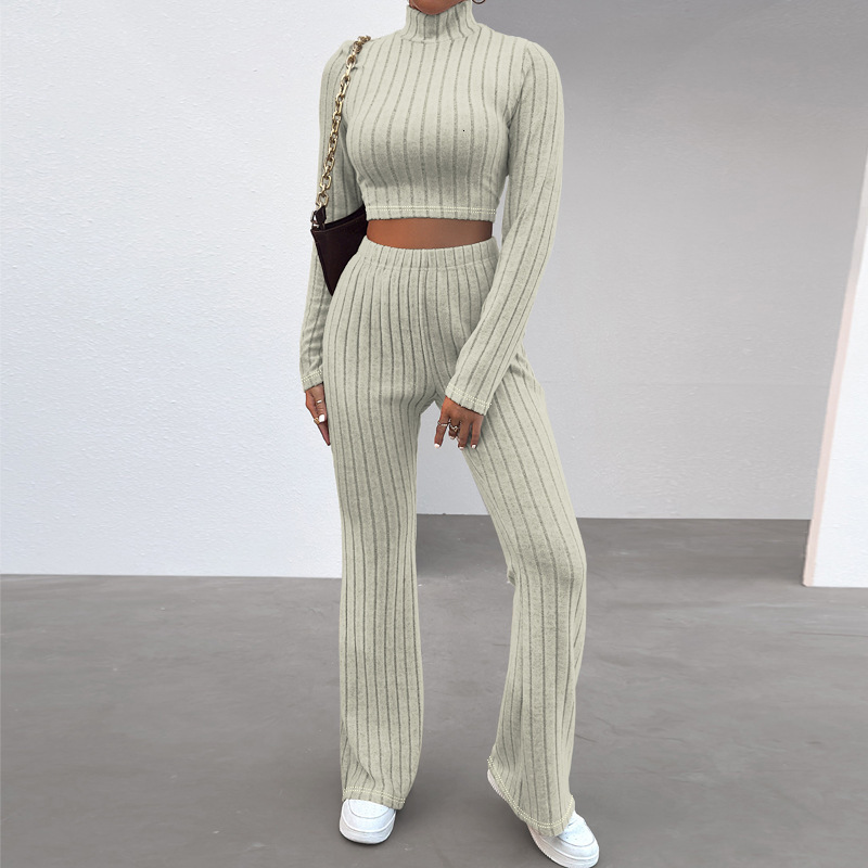 F1366 Winter New Womens Ribbed Fleece High Neck Fashionable Elegant Long Pants Set