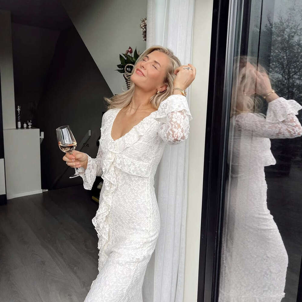 New Women's Elegant V-Neck Lace Ruffle Party Bodycon Dress B5