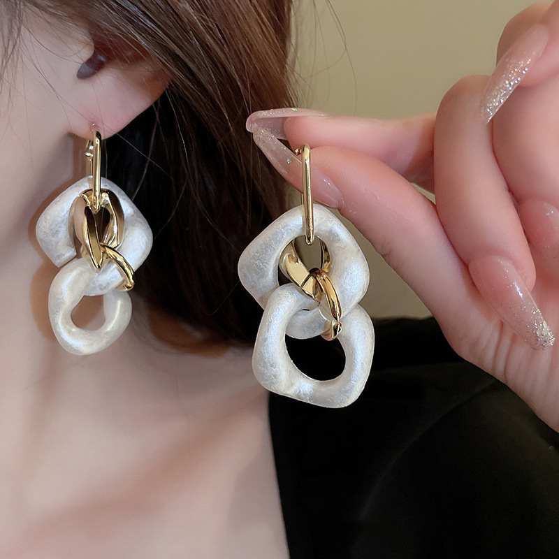 Sier Needle Acrylic Square Rhombus Tassel Pendant Hoop Versatile Fashion Niche Design Earrings