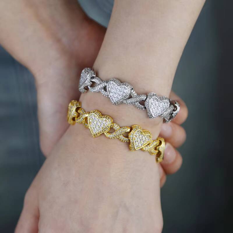 Heart Design Fashion Chain Link Bracelets Moissanite-Iced Out Hip Hop Style Brass Cuban Link Bracelets