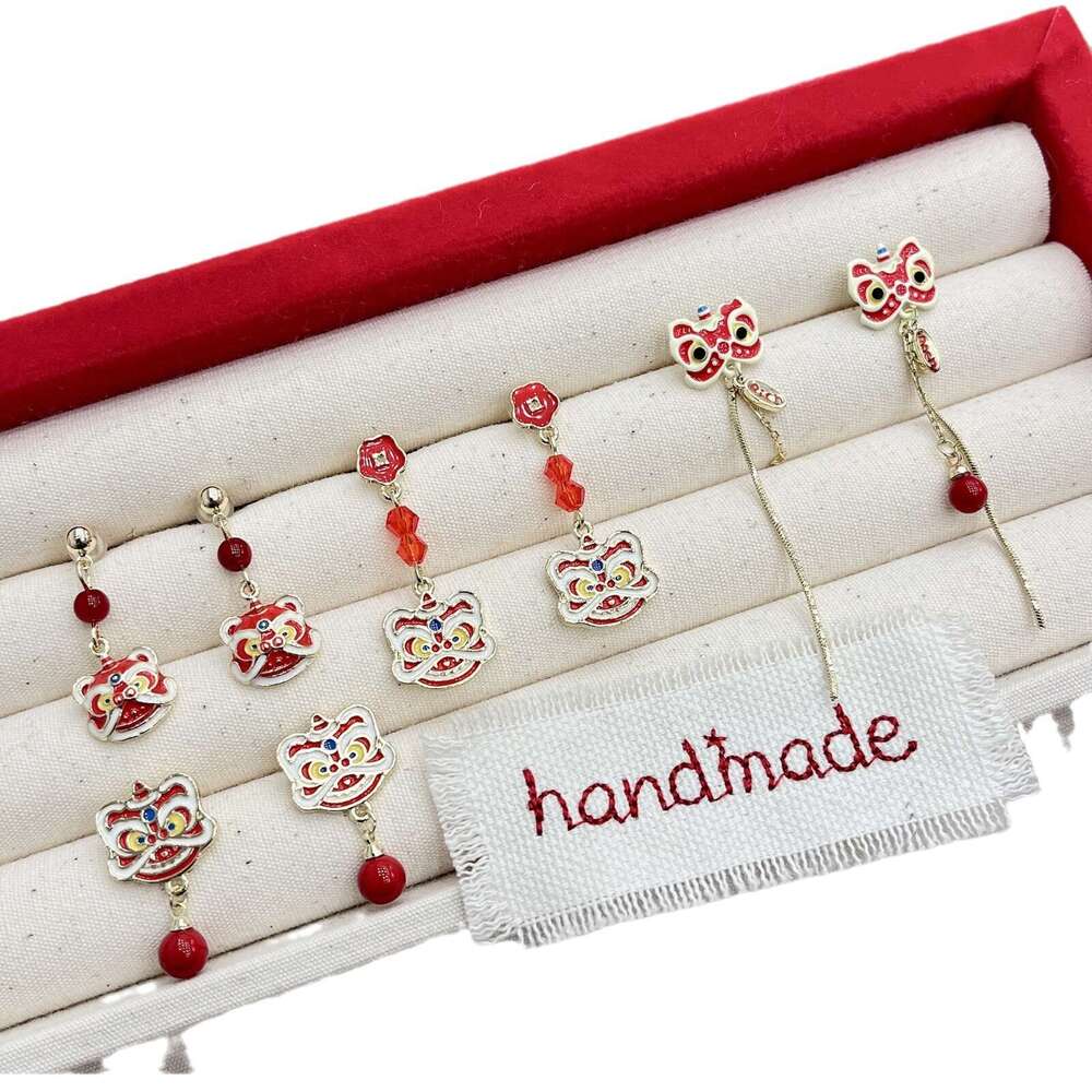 Chinese Style Red Lion Dance Personality Design Sense Elegant High-end New Year Festive Stud Earrings Jewelry 759
