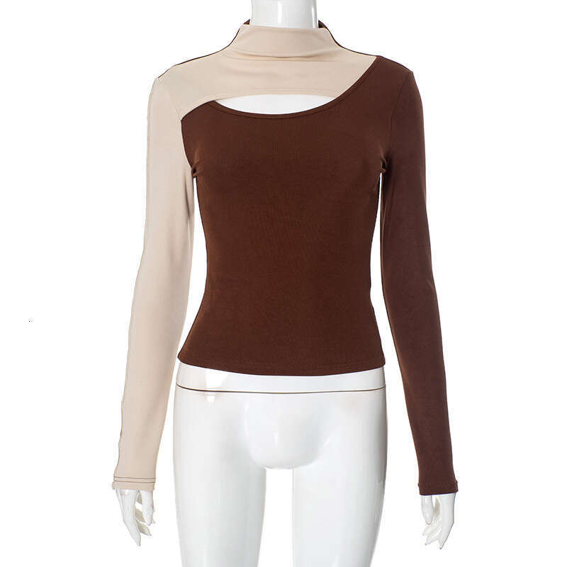 Ytp641 Women's Autumn Winter Color-Block Half Turtleneck Hollow Out Stylish Waist-Cinching Base Shirt T-Shirt B5