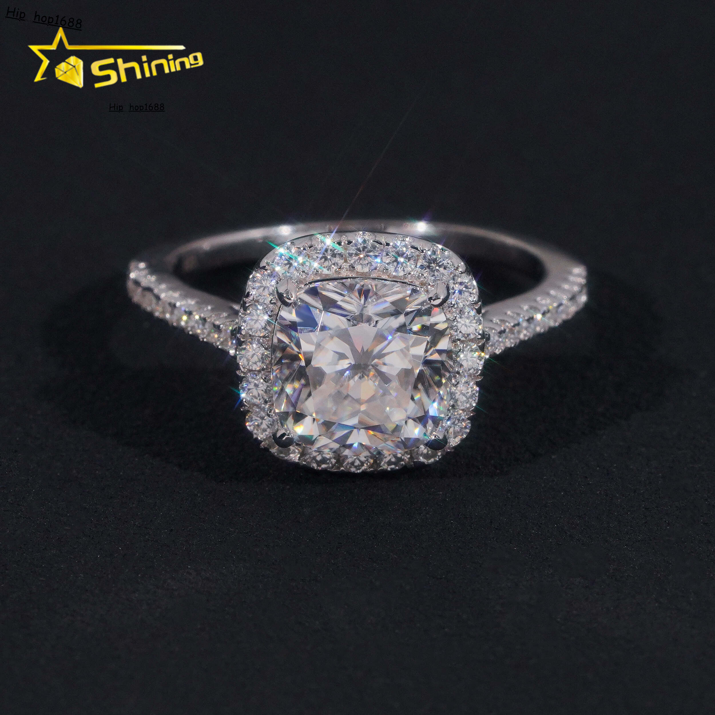 Trendy Halo Design 925 Silver Cushion Cut Moissanite Ring Custom Fine Women Finger Moissanite Eternity Wedding Ring