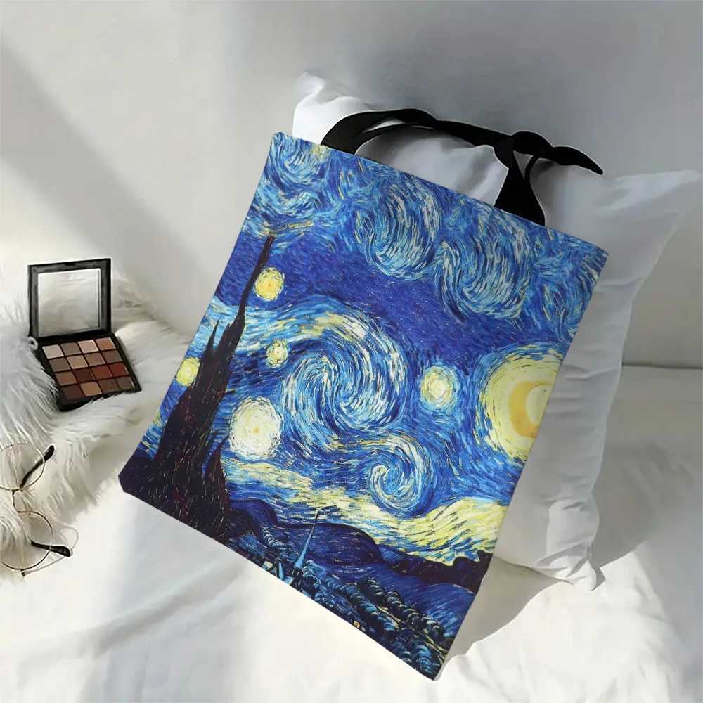 Canvas Bag Van Gogh Series Canvas Bag Oil Painting Starry Night Sunflower Apricot Flower Coffee Holder Handbag 30X35cm G250729