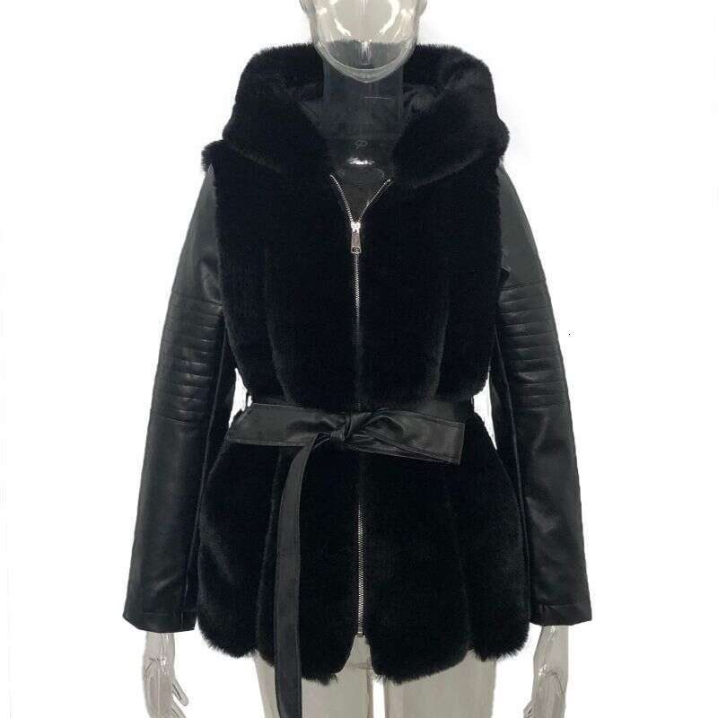 Women's Clothing Hot Selling New Fur Belt Hooded Solid Color Zipper Jacket Women