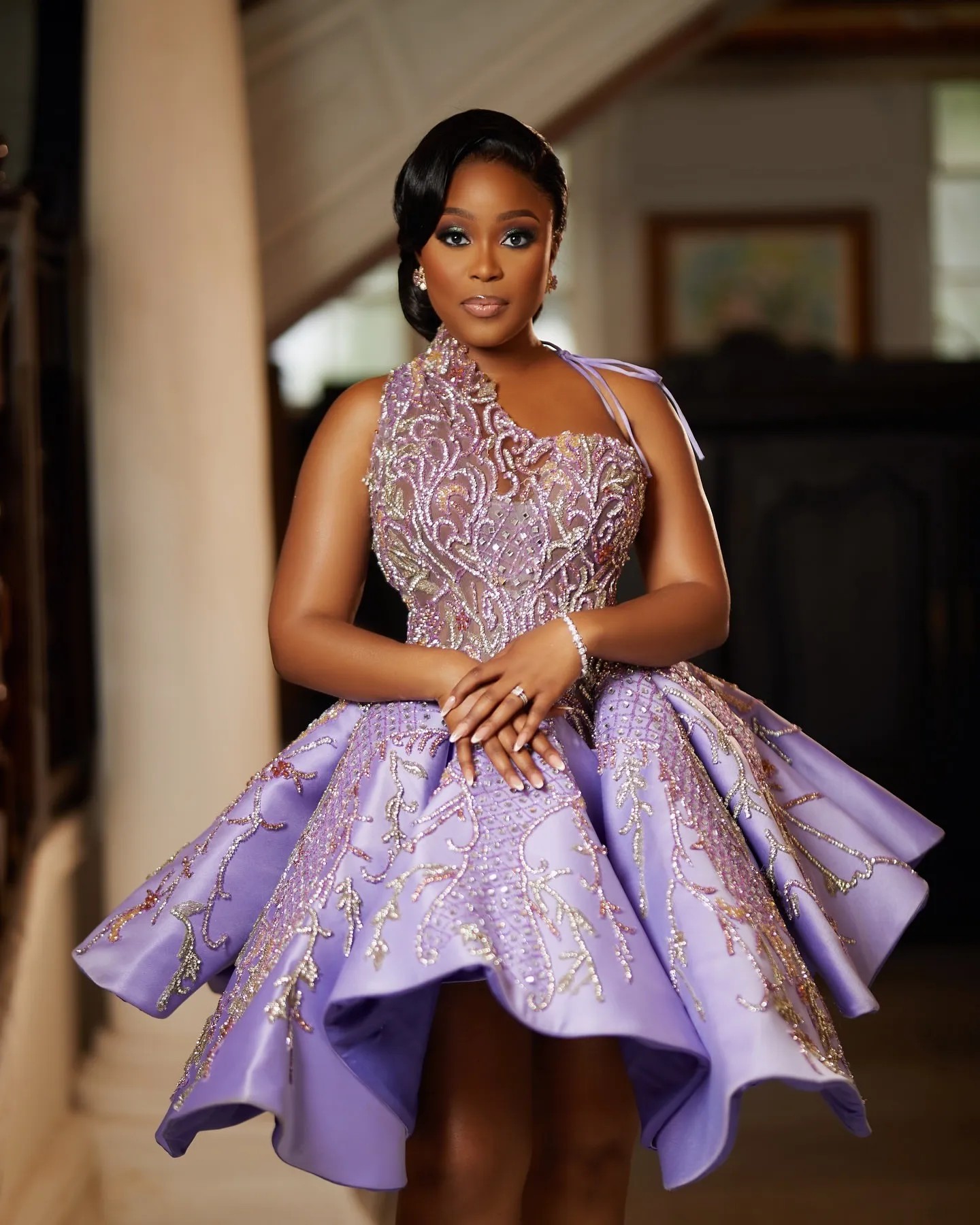 Lilac Homecoming Dresses Prom Evening graduation Ball Gown Beaded Crystals Lace Satin Knee