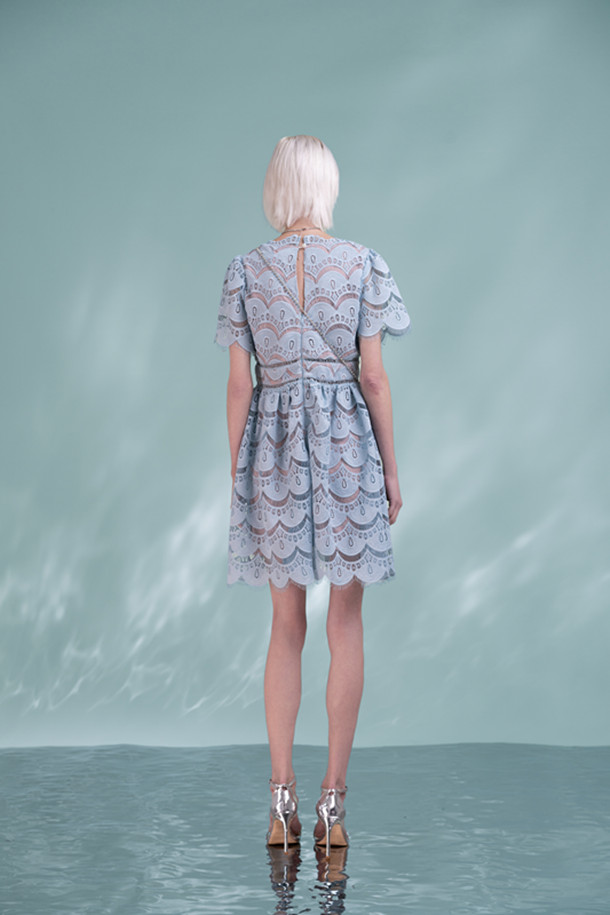 Women's Elegant Blue Lace Mini Skirt High Waist V-neck French Style Blue Water-soluble Lace Dress 6116451