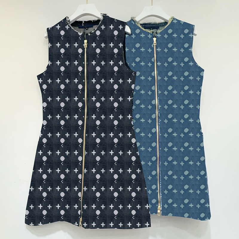 Luxury Blossoming Denim Blue Vest Dress For Women Designer Sleeveless Zipper a Line Dresses Summer Vacation Jeans Mini Dress
