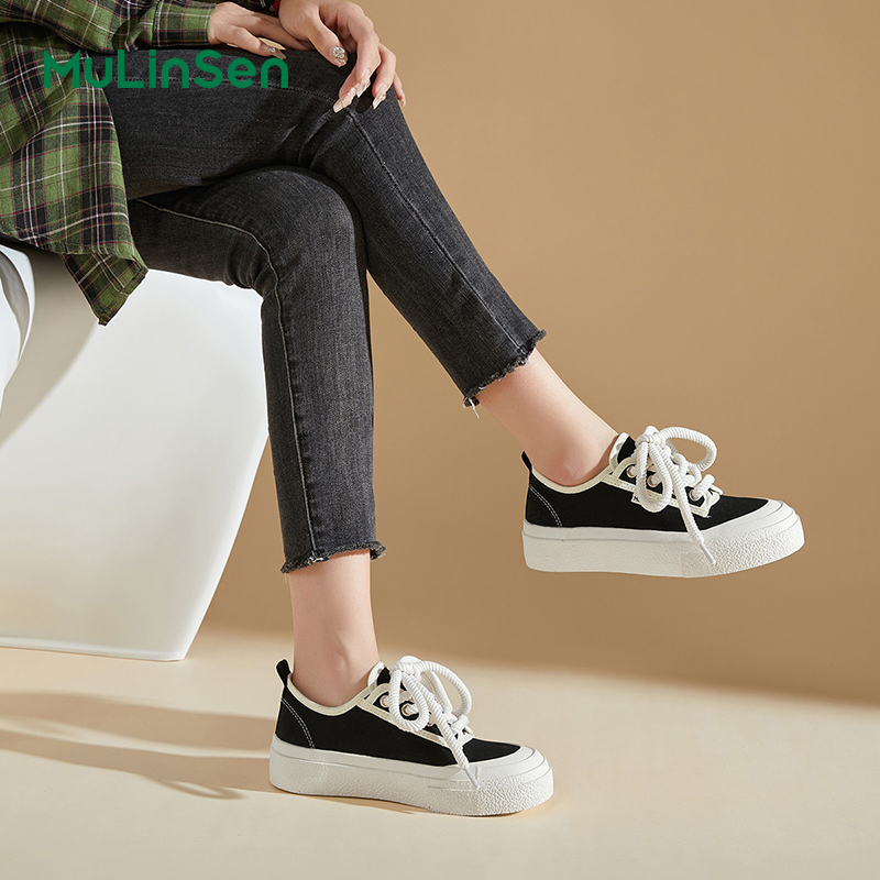Mulinsen canvas shoes women's 2025 new spring and summer thick-soled black sneakers breathable sports casual big-toed shoes