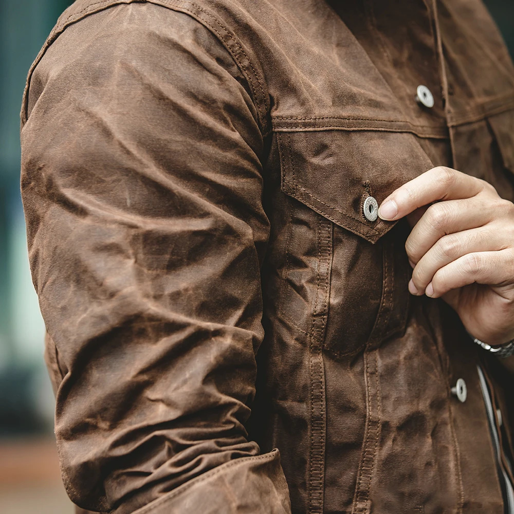 Maden Amekaji Retro Male Oil Waxed Jacket Canvas Cotton Khaki Military Uniform Light Casual Work Safari Style Coats Man Clothing 250730