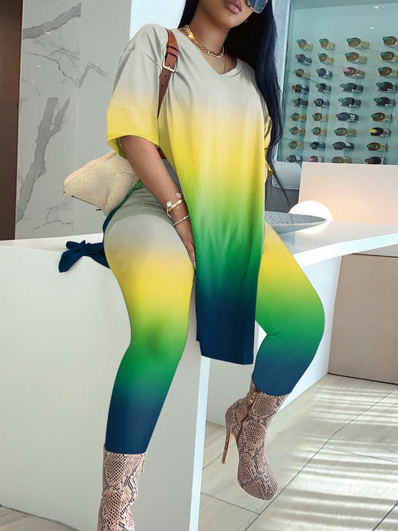 F1371 New Womens Gradient Color Hem Split Top Fashion Slim Fit Set