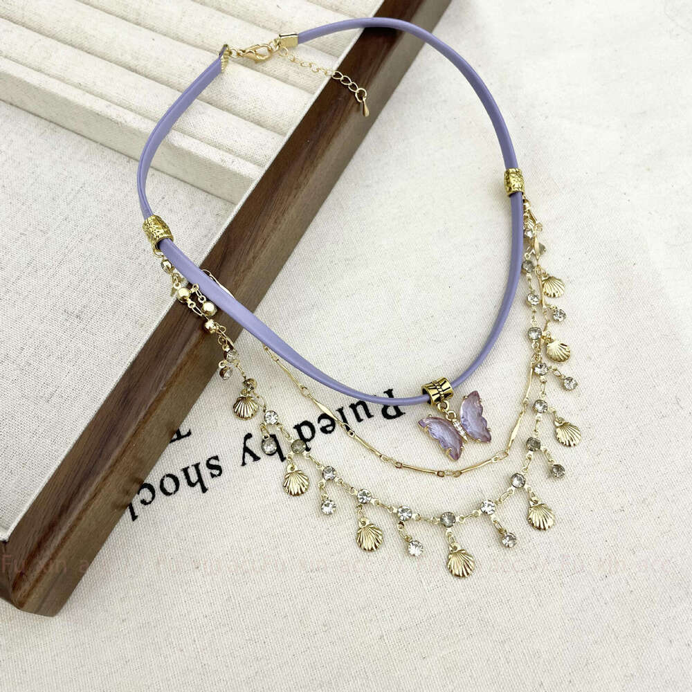 Taro Purple Butterfly Shell Necklace 2024 New Multi-layer Stacked Collarbone Chain Elegant Exquisite Fashion Accessory for Women 69b