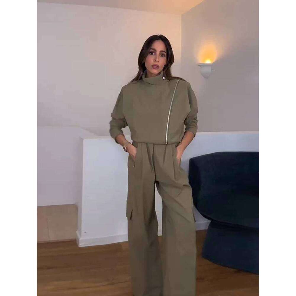 Women Tracksuit Pant Stand Collar Long Sleeve Jacket Loose Waist Pockets Wide Leg Pants Two Piece Set Lady Sport Suit