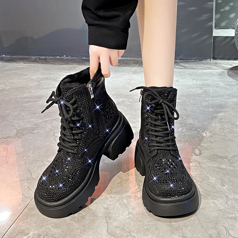 Sequin Diamond Short Boots Women Autumn Winter Fashion High Top Thick Heel Lace Up Boots Outdoor Party Casual Shoes 250729