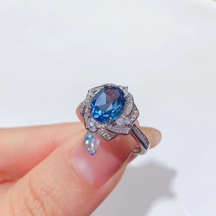 Deep blue natural topaz ring 7mm*9mm VVS grade genuine London blue topaz 925 silver ring for engagement