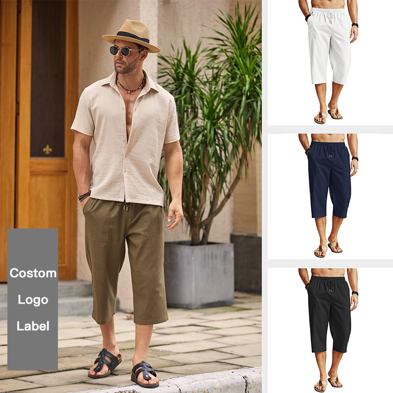 Men's sports mid-waist drawstring solid color beach cropped pants lightweight casual pants