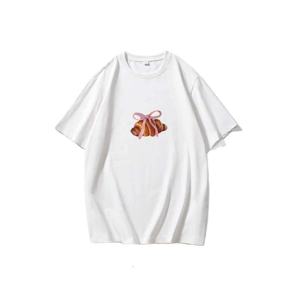 Simple Bowknot Print T-Shirt For Women Summer Versatile Loose Round Neck Pure Cotton Short Sleeve B5