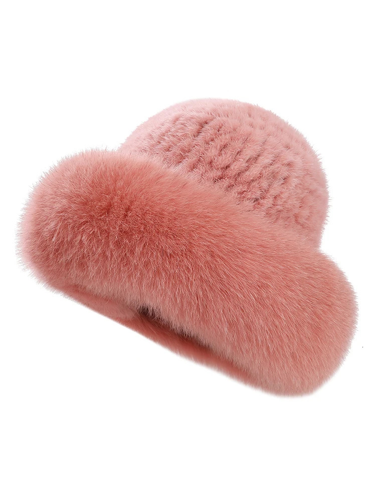 Fur Hat Winter for Womens Cap Natural Mink Fur with Fox Fur Beanies Russian Sun Knitting Bucket Hat Fashion Bonnets 250724