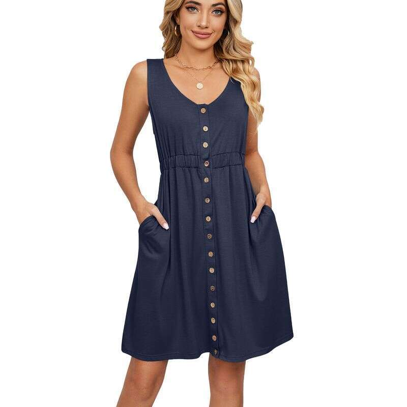 Women's Clothing Casual Solid Sleeveless Button Pocket Round Neck Split Waist Dress