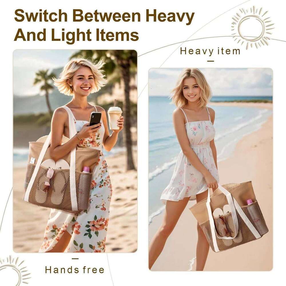 Travel Tote Beach Bag, Sand-Proof Foldable Handbag With Zippered Mesh Pocket, Daily Vacation Essentials