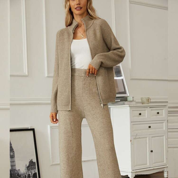 Autumn Winter New Thickened Style Knitted Suit Women Zipper Turn-Down Collar Sweater Cardigan + Wide-Leg Pants B5