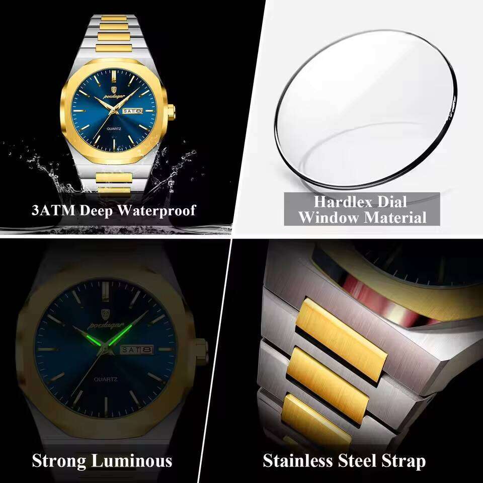 DHwatches POEDAGAR Men's Quartz Sports Watch Waterproof Luminous Steel Week Display Square Case 21mm with Simple Style Glass Dial