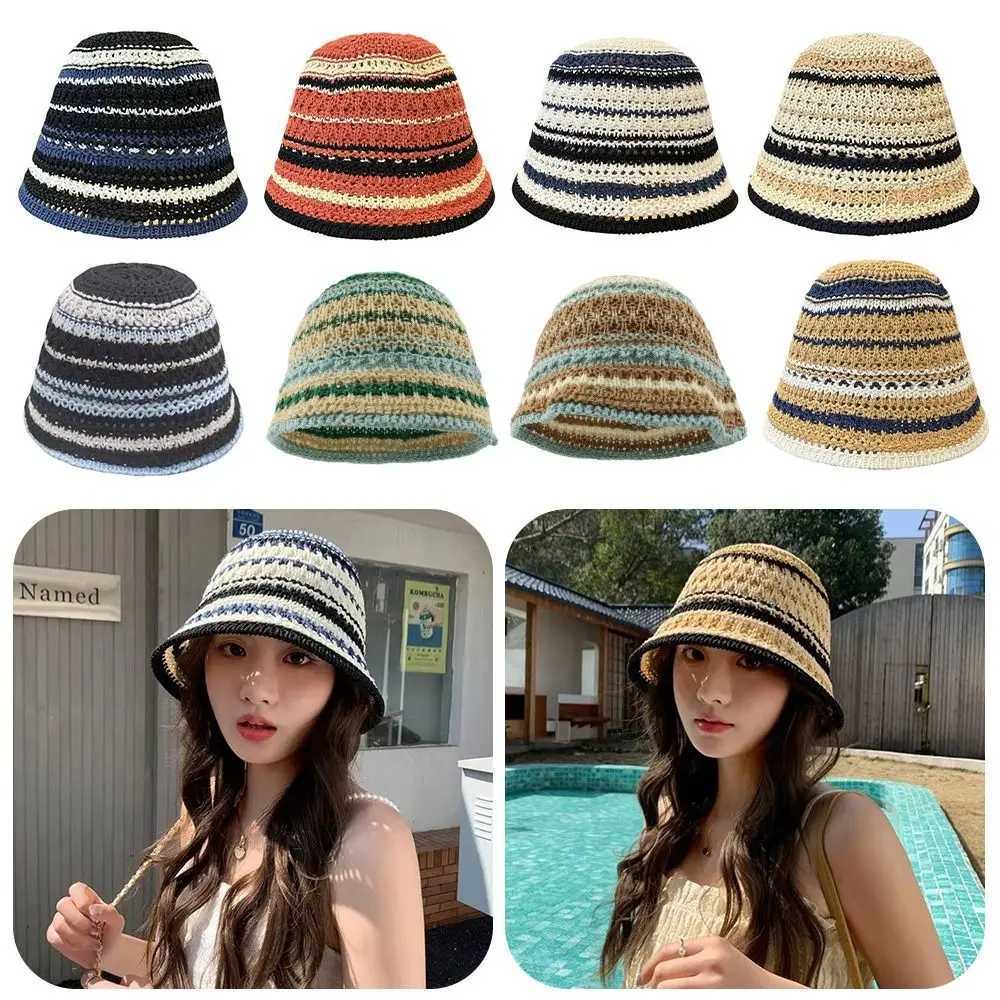 Striped Knitted Hollow Fisherman Hat UV Protection Big Eaves Crochet Hat Breathable Mticolor Thin Sunshade Hat Travel Y250730