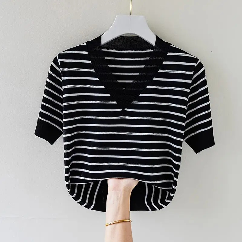 Stripe Versatile Pullover Female Knitted TShirt Summer Short Sleeve VNeck Tees Korean Clothing Fashion Women Casual Tops 2023 250724