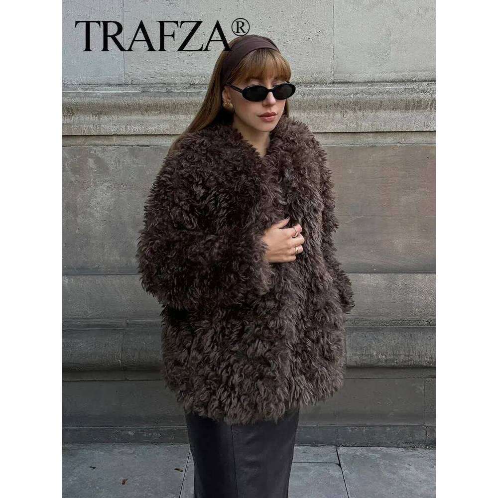 TRAFZA Women Winter Faux Fur Jacket Fashion Woman Slim Solid Brown Side Pockets Lapel Long Sleeves Casual Loose Warm Coat Mujer