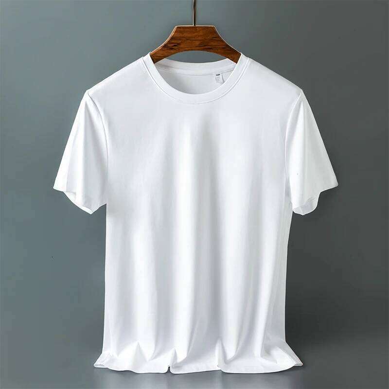 2024 Summer 100% Mercerized Cotton Men Silk T-shirts O-Neck Short Sleeve Loose Straight Tops Simple Casual Tees For Minimalist