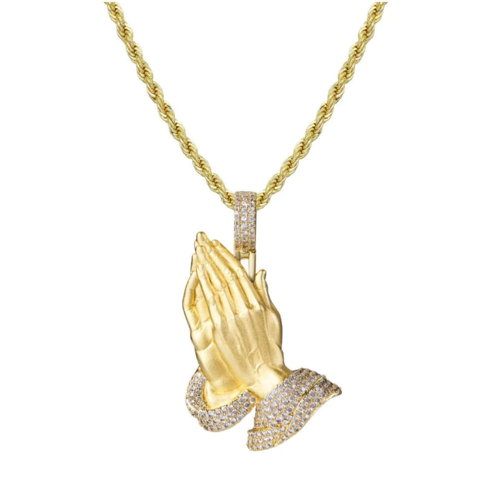 HIP HOP New Copper Inlaid Zircon Pendant Necklace Prayer Palm Trendy Jewelry