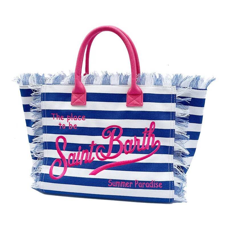 New Women's Large Capacity Fashion bag Barth European And American Horizontal Striped Deep Blue Tassel Beach Handbag