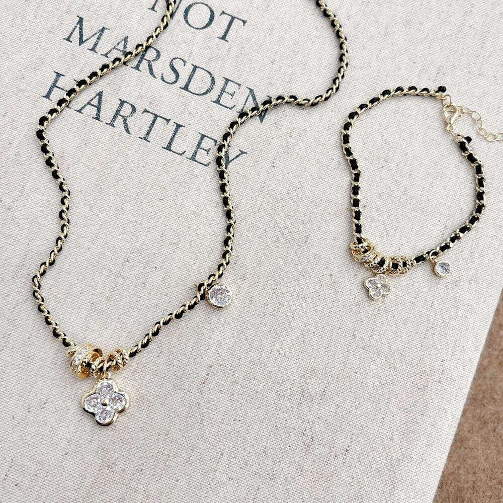 Xiaoxiangfeng Pointed Dia Four-Leaf Flower Black Gold Necklace for Women New Chinese Style Vintage Light Fashion High-End Braided Leather Rope 067