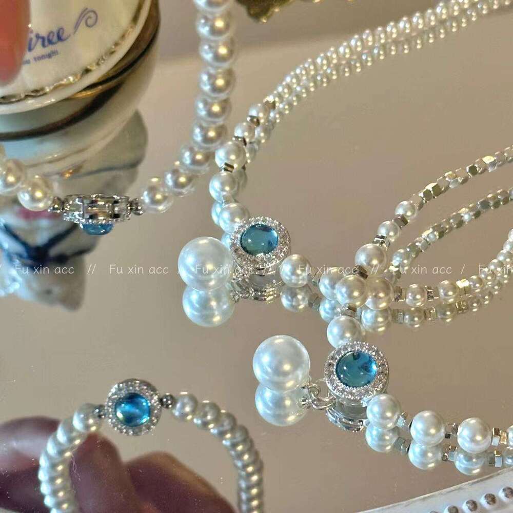 Aquamarine Necklace Bracelet for Women, Niche Light Fragmented Sier Pearl Collarbone Chain, Unique High-end Versatile Jewelry 30b