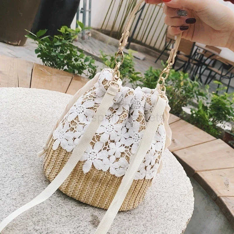 New Straw Plaited Article Women Lace Bucket Bag Casual Holiday Beach Bag Elegant Lace Straw Bag Shoulder Crossbody Bag M250730