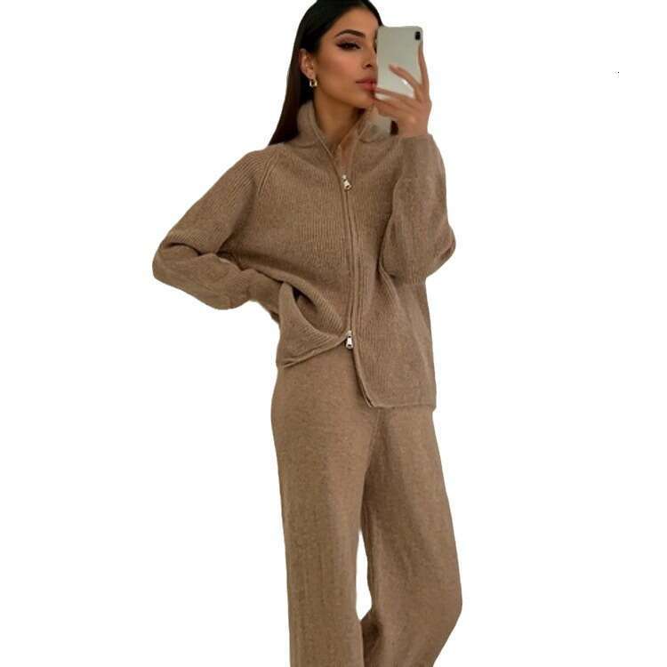 Autumn Winter New Thickened Style Knitted Suit Women Zipper Turn-Down Collar Sweater Cardigan + Wide-Leg Pants B5