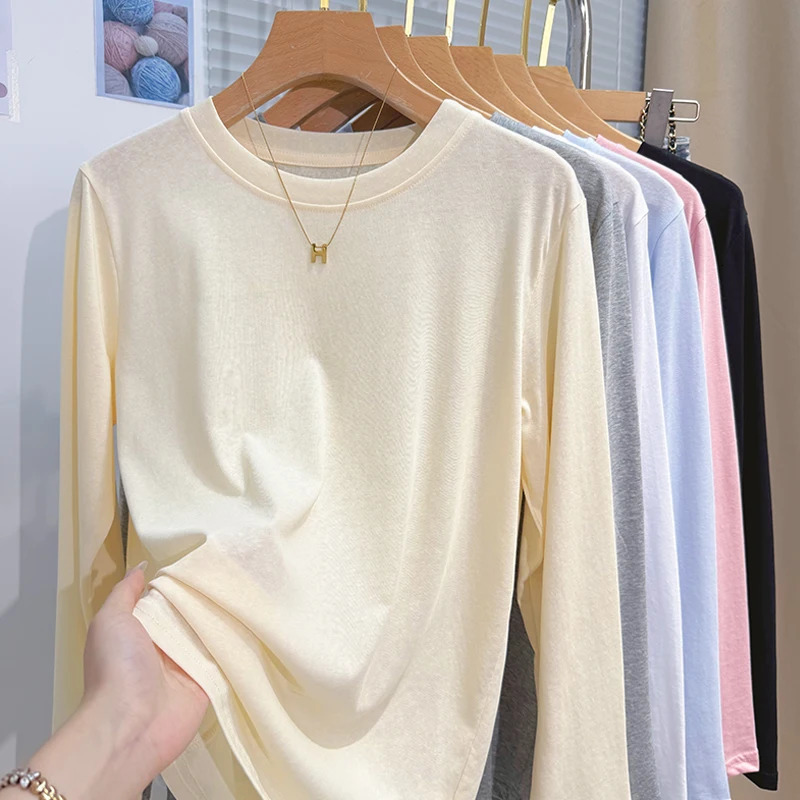 Spring Summer Lightweight Ice Silk Long Sleeve Tshirt Loose Casual Versatile Shirt Solid Color Crew Neck Top 250729