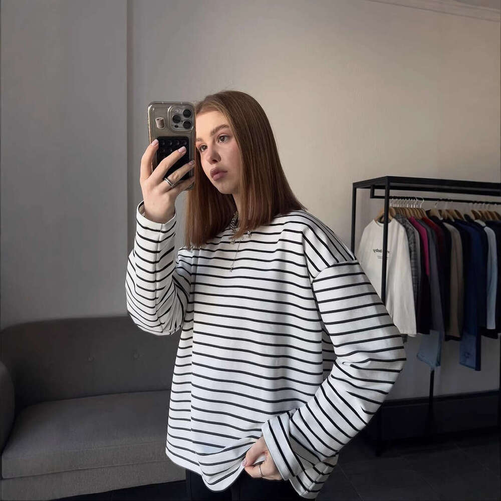 Spring Summer New Striped T-Shirt For Women Simple Casual Loose Slim Pullover Long Sleeve Top B5
